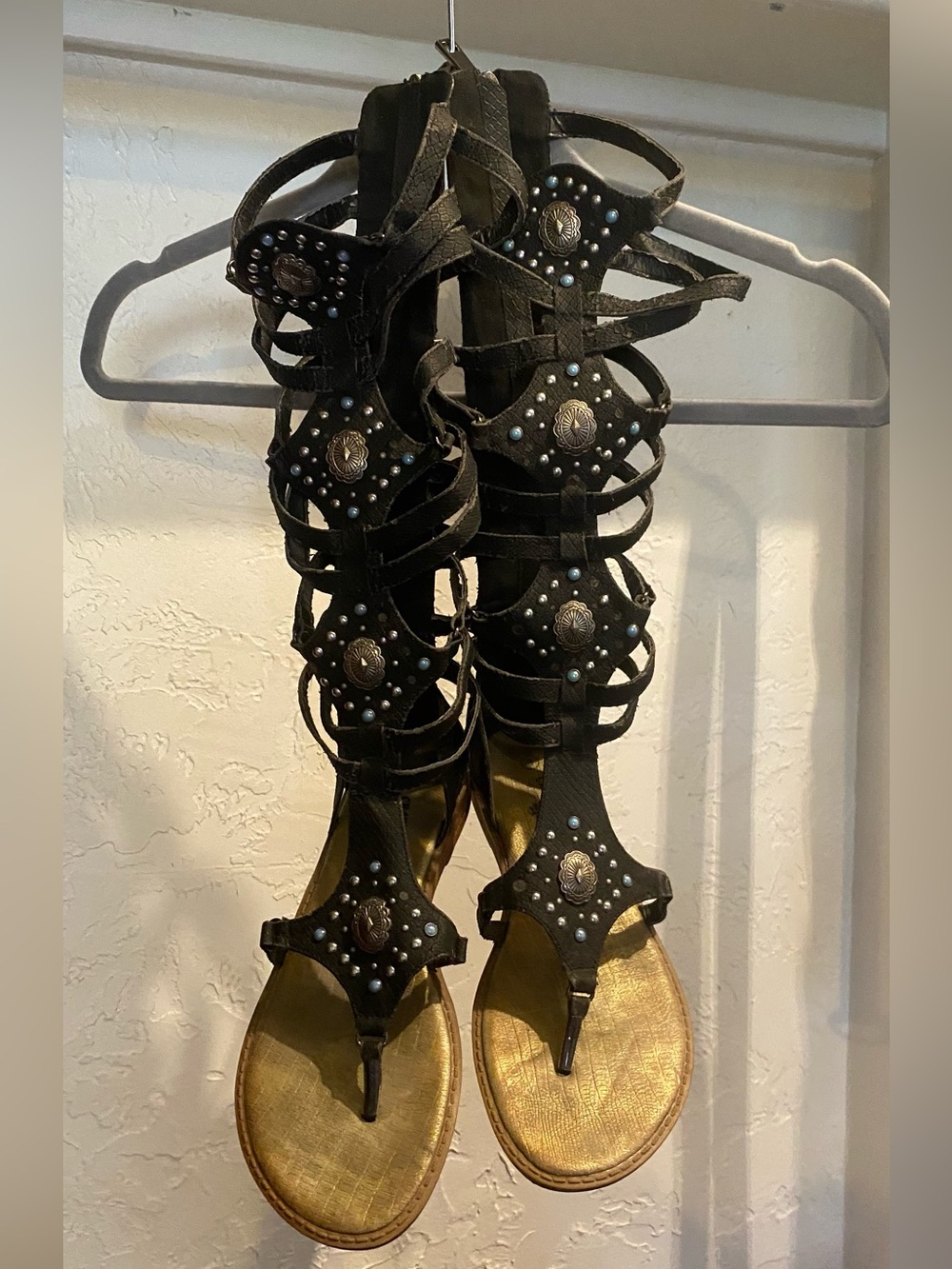 Crazy Train Black Gladiator Sandals with Gold Footbed and Turquoise Accents